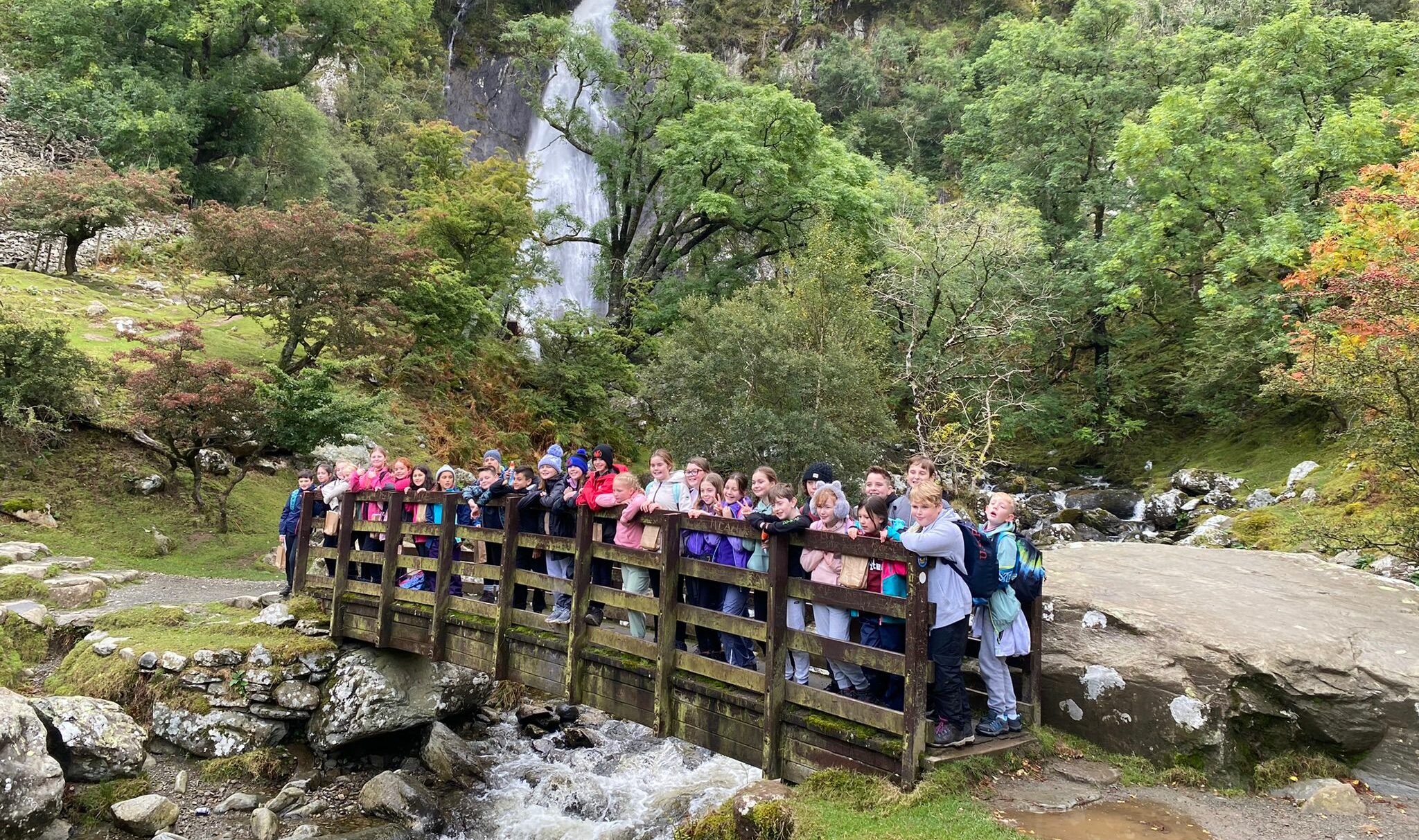 Children from Ysgol Dyffryn Enfys on a seed collecting trip to Aber Falls